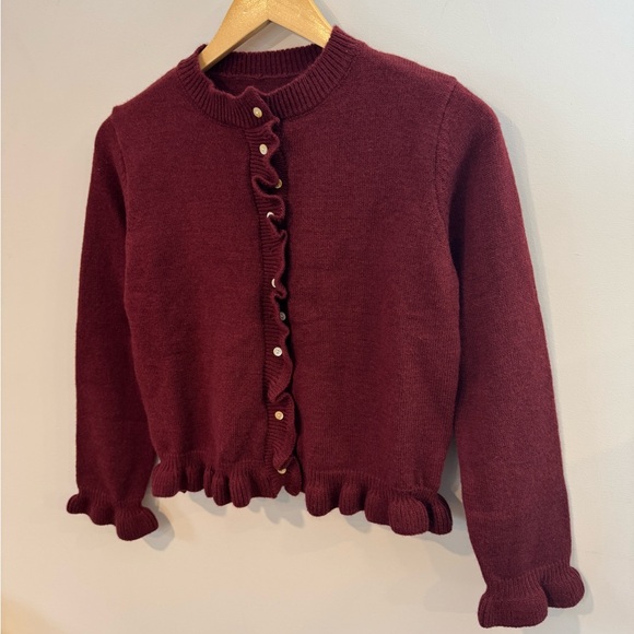 Cropped Ruffle Cardigan Sweater, Burgundy, Women’s Sz Small, NWOT - Picture 3 of 7